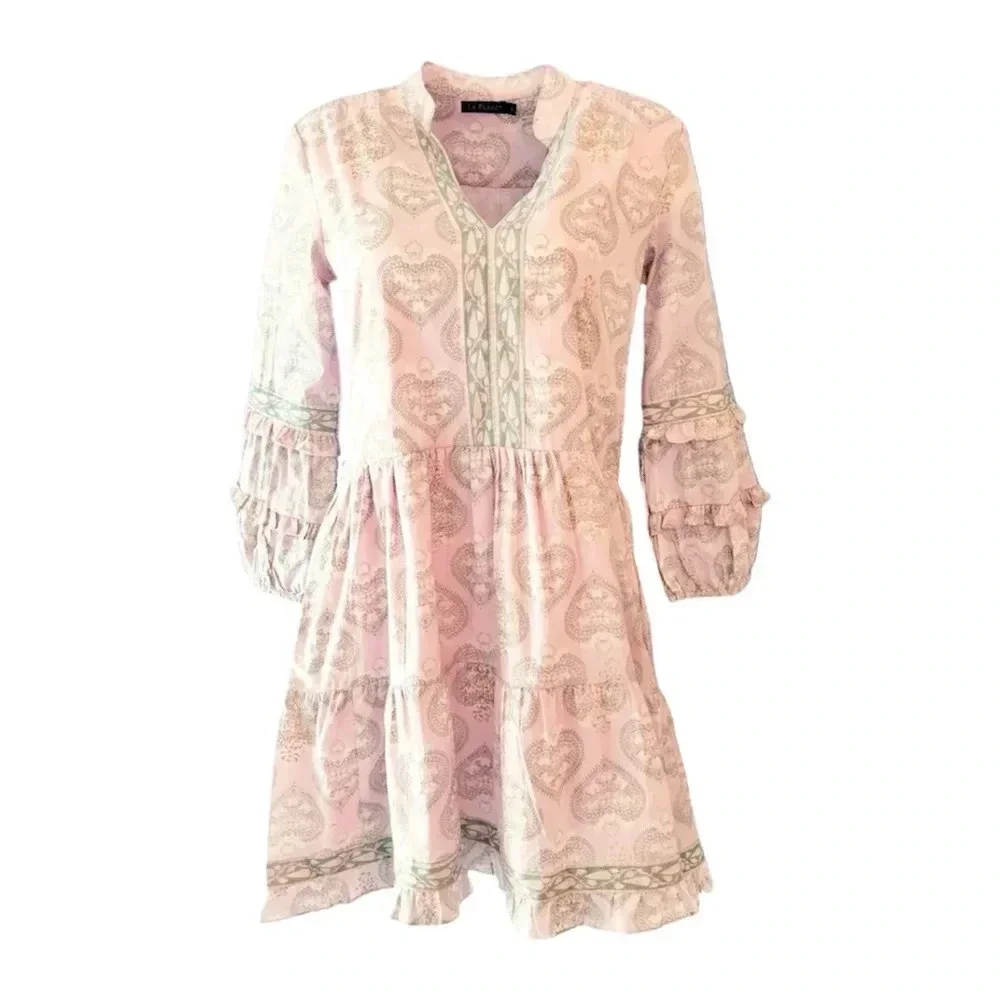 La Plage Alison Dress, Revolving Heart Pink Sand Size Large Ruffle Sleeve Tiered